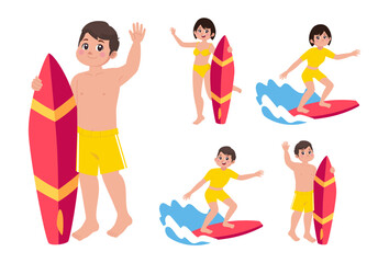Human characters of surfers with their boards