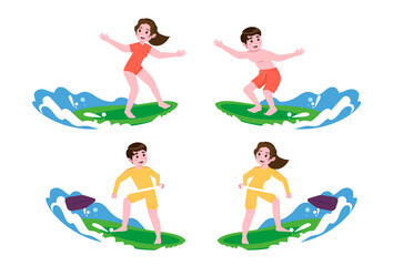 Human characters of surfers with their boards