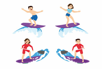 Human characters of surfers with their boards