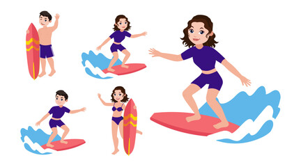 Human characters of surfers with their boards