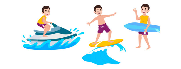 Human characters of surfers with their boards