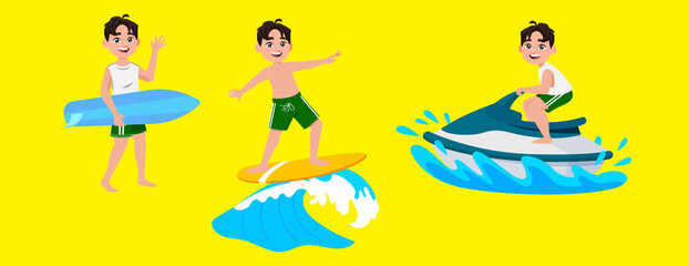 Human characters of surfers with their boards