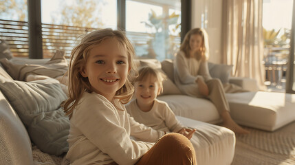 Obraz premium Happy family enjoying games together on the sofa at home