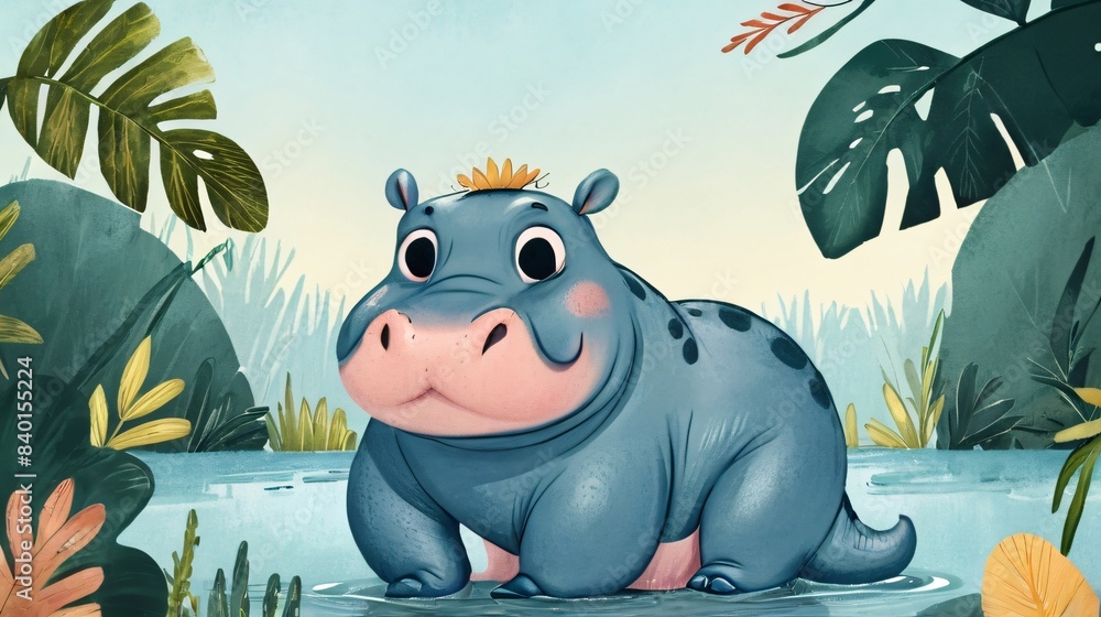 Wall mural drawing of cute funny hippo in wildlife