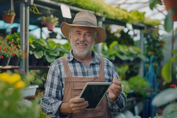 Portrait Of Mature Man Working Outdoors In Garden Centre Using Digital Tablet