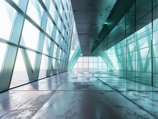Abstract futuristic glass interior architecture with empty concrete floor.