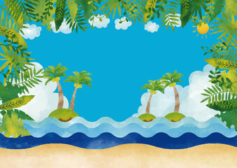 水彩風　南国風景 ヤシの木と海と空　フレーム3