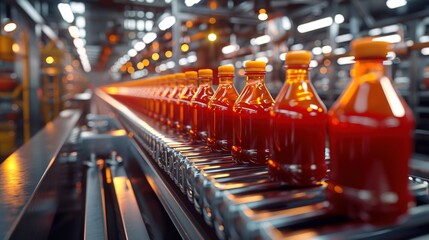Obraz premium The concept of the transportation system is implemented through a conveyor tape, hot sauce