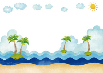 水彩風　南国風景 ヤシの木と海と空　フレーム4
