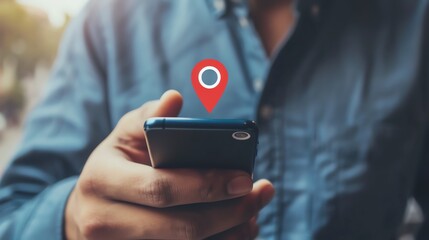 Close-up of a person using a smartphone with a location pin icon, representing GPS navigation and location-based services.