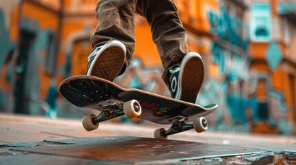 Urban Skateboarding Close-up: Dynamic Skateboard Trick on City Street