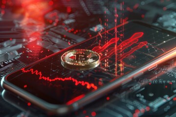 An image highlighting a red candlestick and arrow indicating a drop in Bitcoin price, suggesting market volatility and investment risk.

