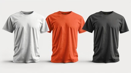 Set of Blank T-shirts in White, Orange, and Black on White Background - Modern Apparel Mockup