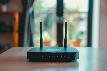 An image of a black wireless router on a white table, emphasizing network connectivity and technological convenience.

