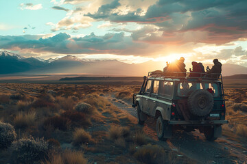 photo of a group of people on top of a 4x4 car taking photos with their cameras in a desert and arid landscape at sunset with mountains in the background and a sky with clouds
