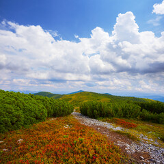 Obraz premium green mountain ridge under blue cloudy sky