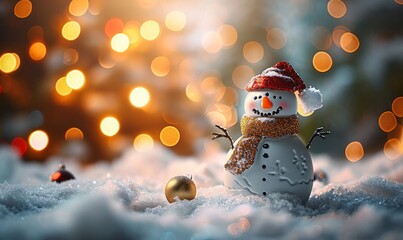 snowman decorated for christmas, small snowman figurine on a snowy background, happy snowman for...