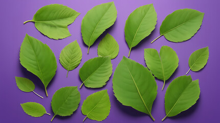 A bunch of green fresh leaves placed in a violet background
