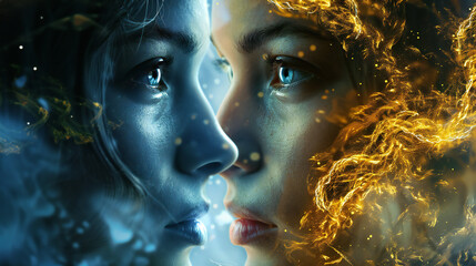 A captivating artwork of two faces in profile, one in cool blue tones with water and ice elements, and the other in warm golden hues with fiery details. This piece symbolizes duality and balance