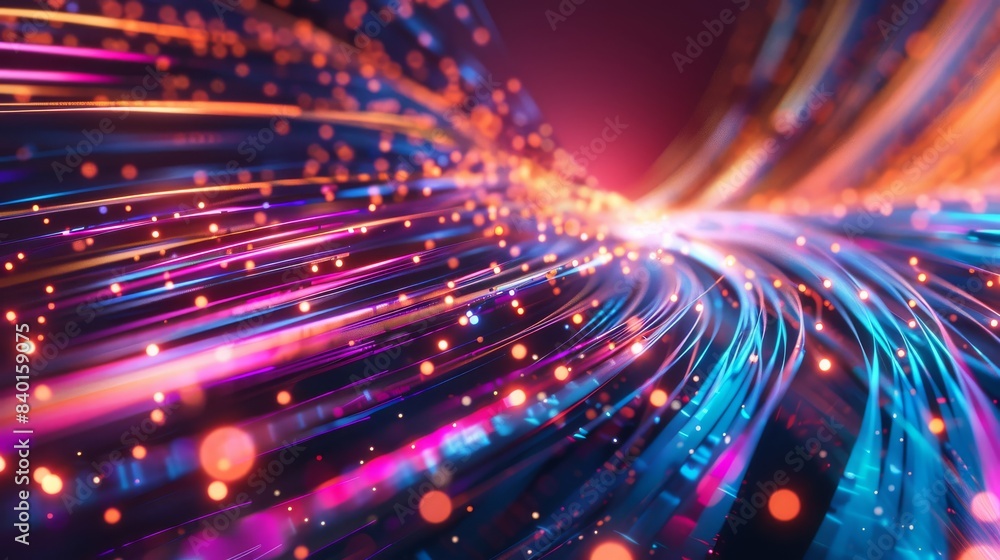 Poster futuristic digital landscape with illuminated data streams and connectivity