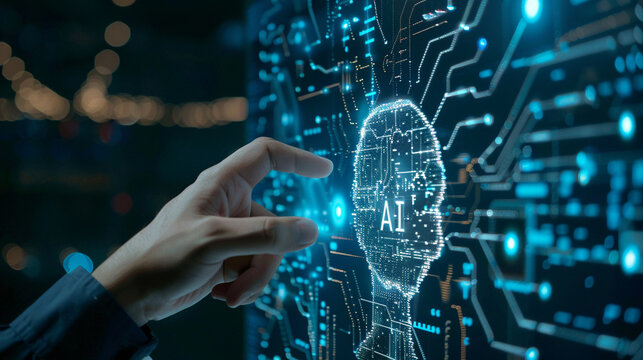 AI Artificial Intelligence. Business man using AI technology for data analysis coding computer language with digital brain