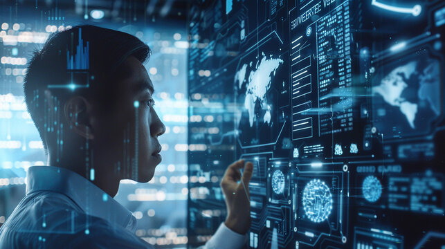 AI Artificial Intelligence. Business man using AI technology for data analysis coding computer language with digital brain