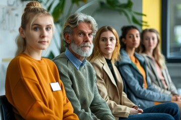 Fototapeta premium Multiple individuals seated in a line within a plant-filled room