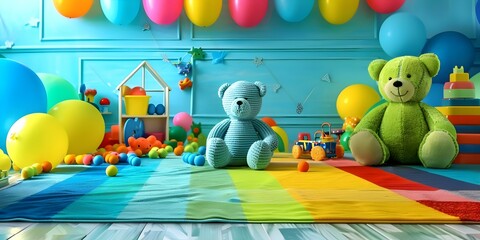 Obraz premium Colorful baby playroom with toys and decorations on vibrant floor and walls. Concept Colorful Decor, Baby Playroom, Vibrant Flooring, Vibrant Walls, Toy Display