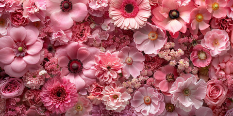 Pink flowers in a vibrant floral arrangement, showcasing a variety of blossoms in different shades of pink, perfect for creating a cheerful and romantic atmosphere..