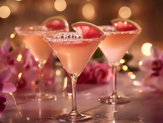 The classic martini with its pale pink hue, is adorned with a flower garnish. The glass is placed on a wooden counter,