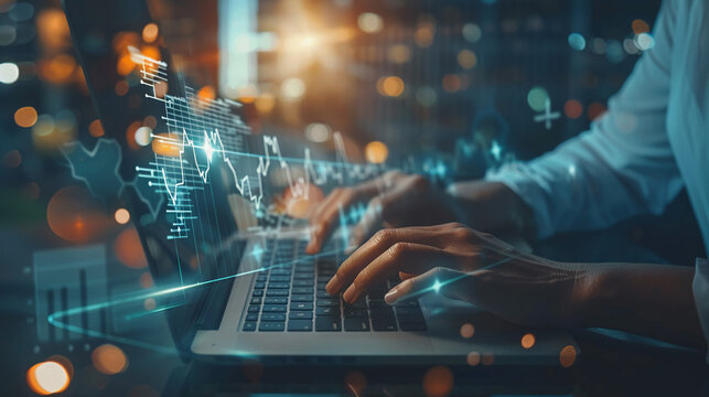 Business data analysis growth and development. Businessman working on laptop with financial report