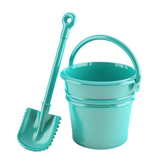 Teal plastic bucket and shovel set isolated on a white background. Perfect for beach or sand play. Clean and new.