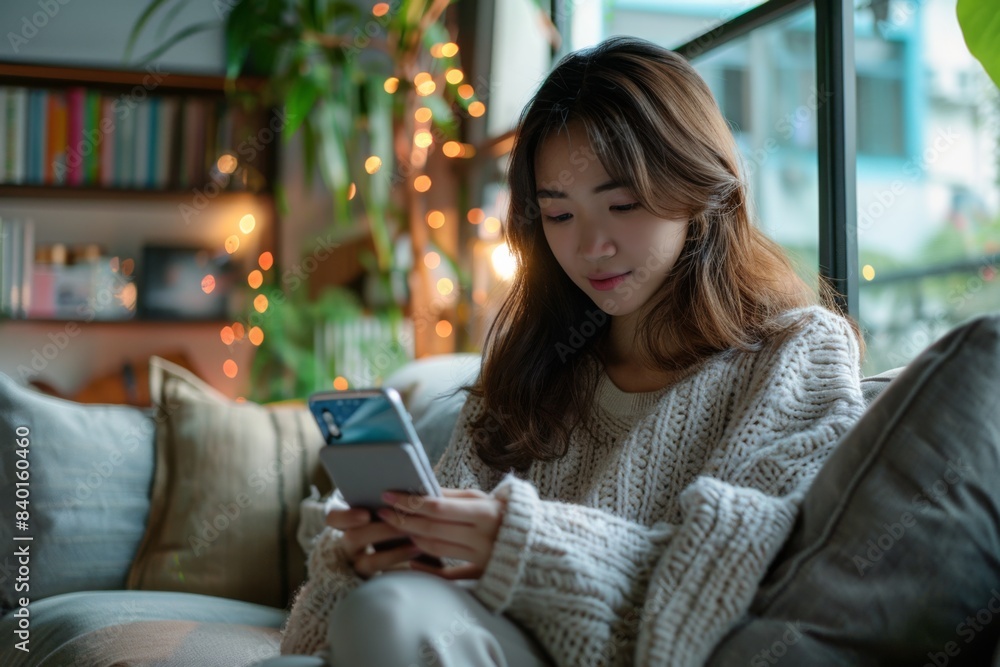 Sticker Female on sofa utilizing smartphone