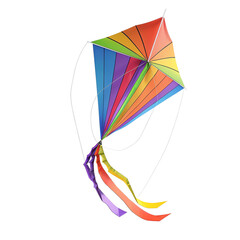 Colorful rainbow kite with long tails against a white background, perfect for outdoor activities and festive celebrations.