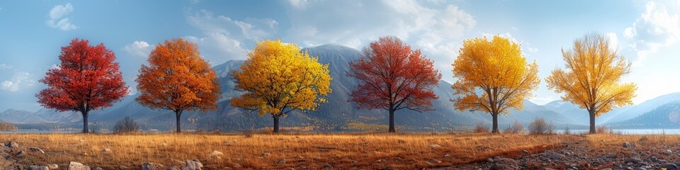 Colorful trees in a field with mountains in the background