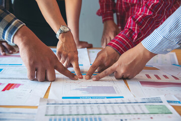 Top view business people meeting together at office desk in conference room. Team business meeting partnership planning brainstorming together. Team Collaborate group of partner company brainstorming