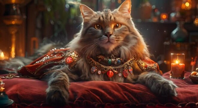 A regal cat witch magic crystal in paw