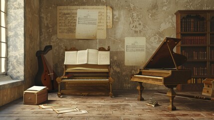 Baroque Musician's Haven Elegant Rehearsal Space with Harpsichord Sheet Music and Blank Business Cards