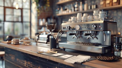 Fototapeta premium Modern Cafe Ambiance Barista's Corner with Espresso Machine Coffee Beans and Blank Business Cards Trendy Coffee Shop Interior Stock Photo