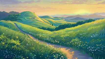 trail crossing grassy hills at dawn in spring