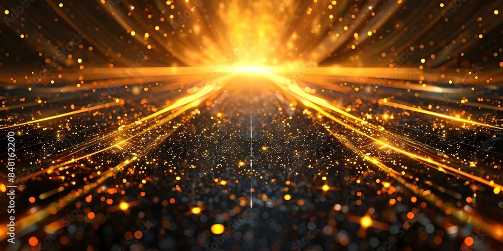Poster dark abstract background with golden light neon reflections and symmetrical lines. concept dark abst