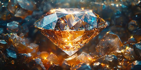 A large diamond sparkles brightly on a mound of diamonds