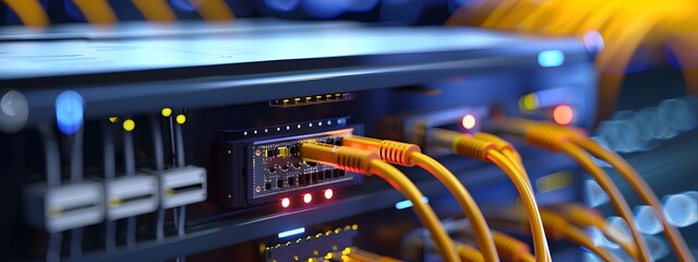 Naklejka premium Fiber Optic Distribution Box with Multiple Cable Connections for Digital Telecom Network