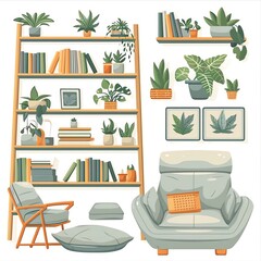 Fototapeta premium Cozy living room with bookshelves, armchair, and decorative plants. Modern interior design with natural elements, books, and greenery.