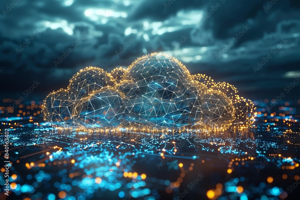 Poster futuristic cloud computing visualization with digital connections on a cityscape, depicting data int