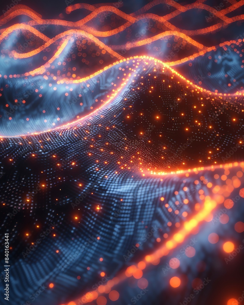 Poster futuristic glowing lines and particles forming a digital wave, representing data flow and technology