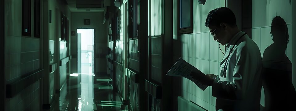 Lone Doctor Consults Chart in Dimly Lit Hospital Corridor Evoking Mystery and Introspection