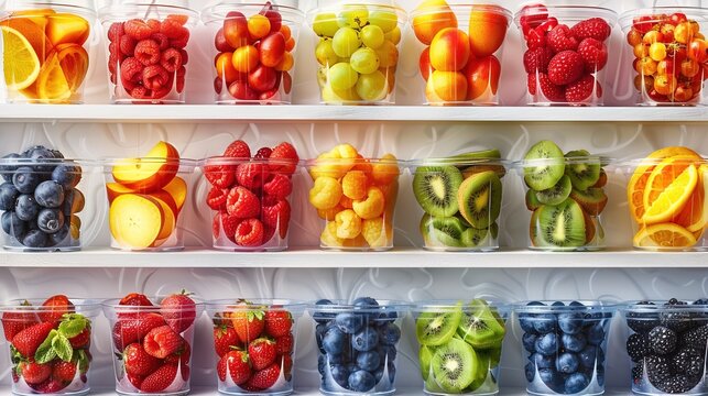 Shelves with colorful fruit cups and berries, presenting a variety of fresh, ready-to-go snack options