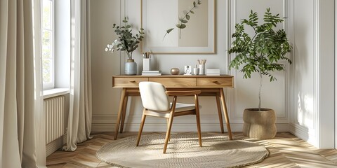 Fototapeta premium Scandinavian home office with wooden desk and chair against white wall. Concept Scandinavian Design, Home Office Setup, Wooden Furniture, Minimalist Decor, White Wall Scheme