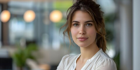 Fototapeta premium Professional woman in office looking at camera symbolizing career success. Concept Career Success, Professional Businesswoman, Office Portrait, Ambitious Woman, Confident Executive